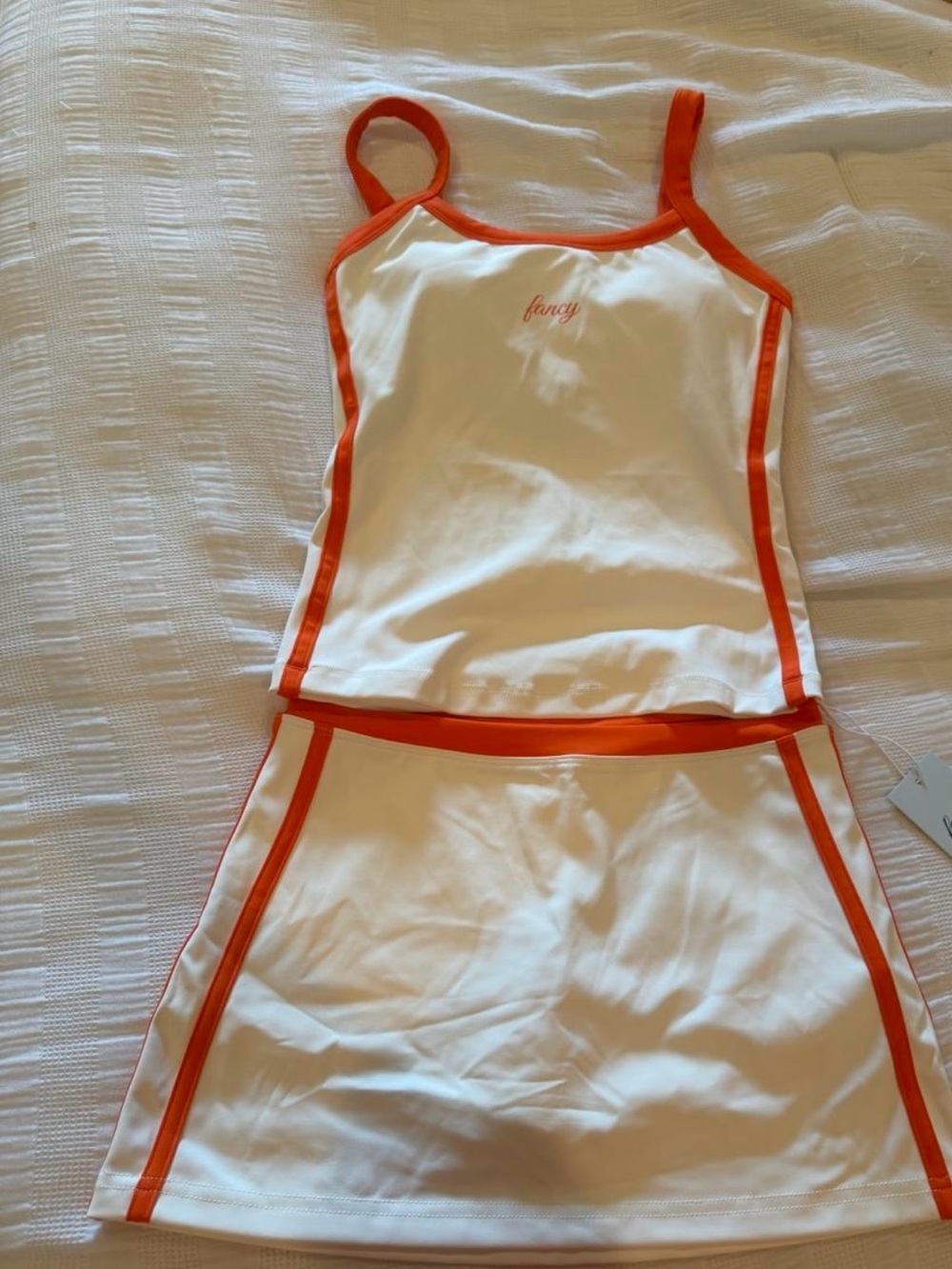 White and Orange Trim Tank Top & Skirt Pajama Set